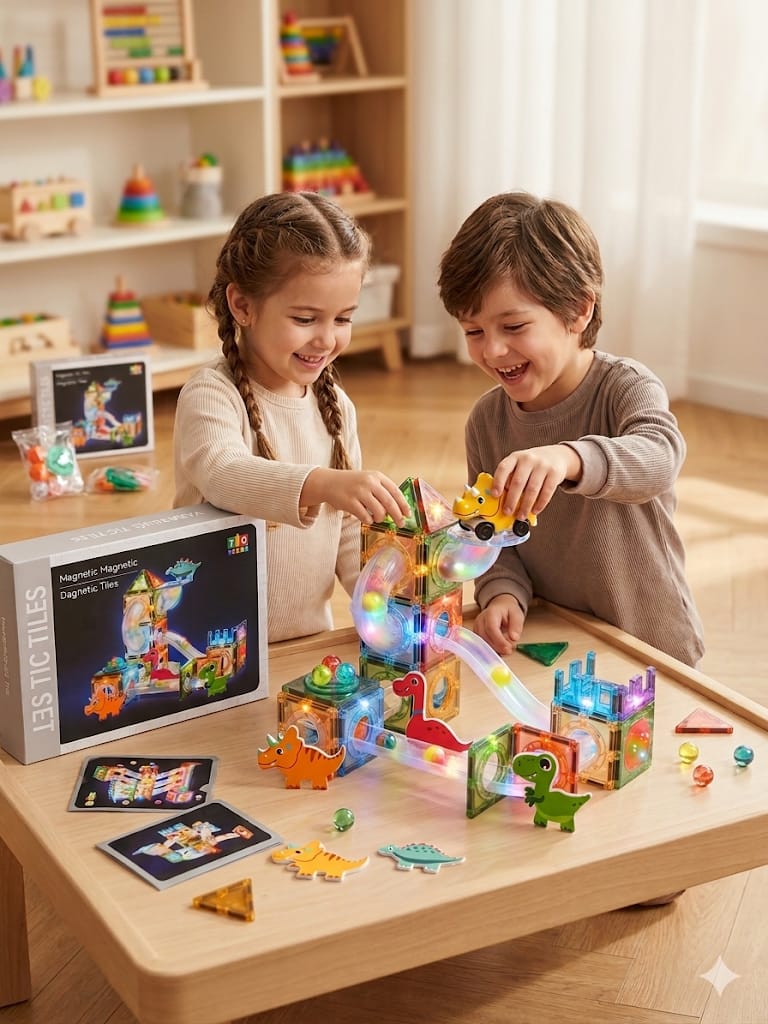 Babymiu 64 Parça Işıklı Dino Manyetik Yapı Blokları