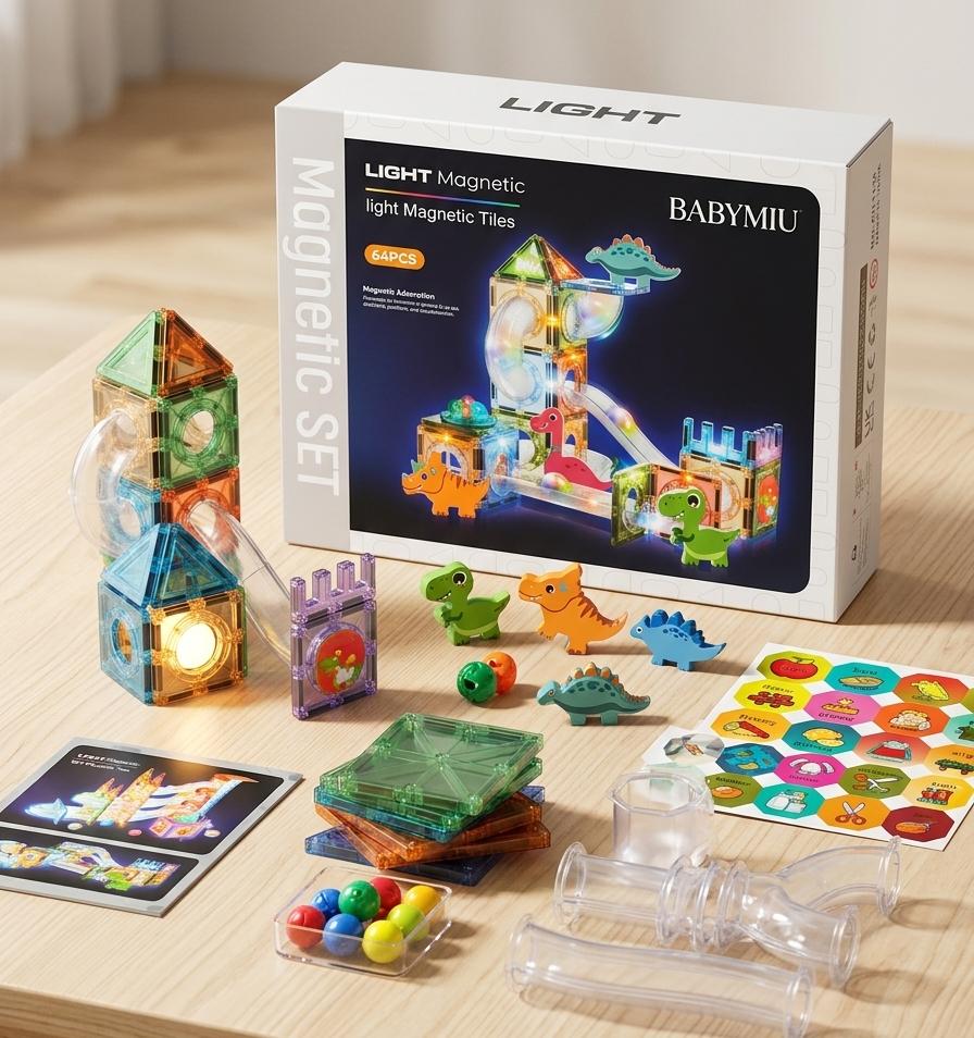 Babymiu 64 Parça Işıklı Dino Manyetik Yapı Blokları