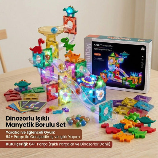 Babymiu 64 Parça Işıklı Dino Manyetik Yapı Blokları