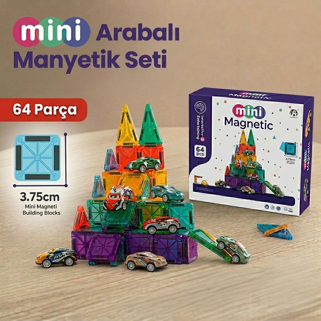 Babymiu 64 Parça Mini Arabalı Manyetik Yapı Blokları