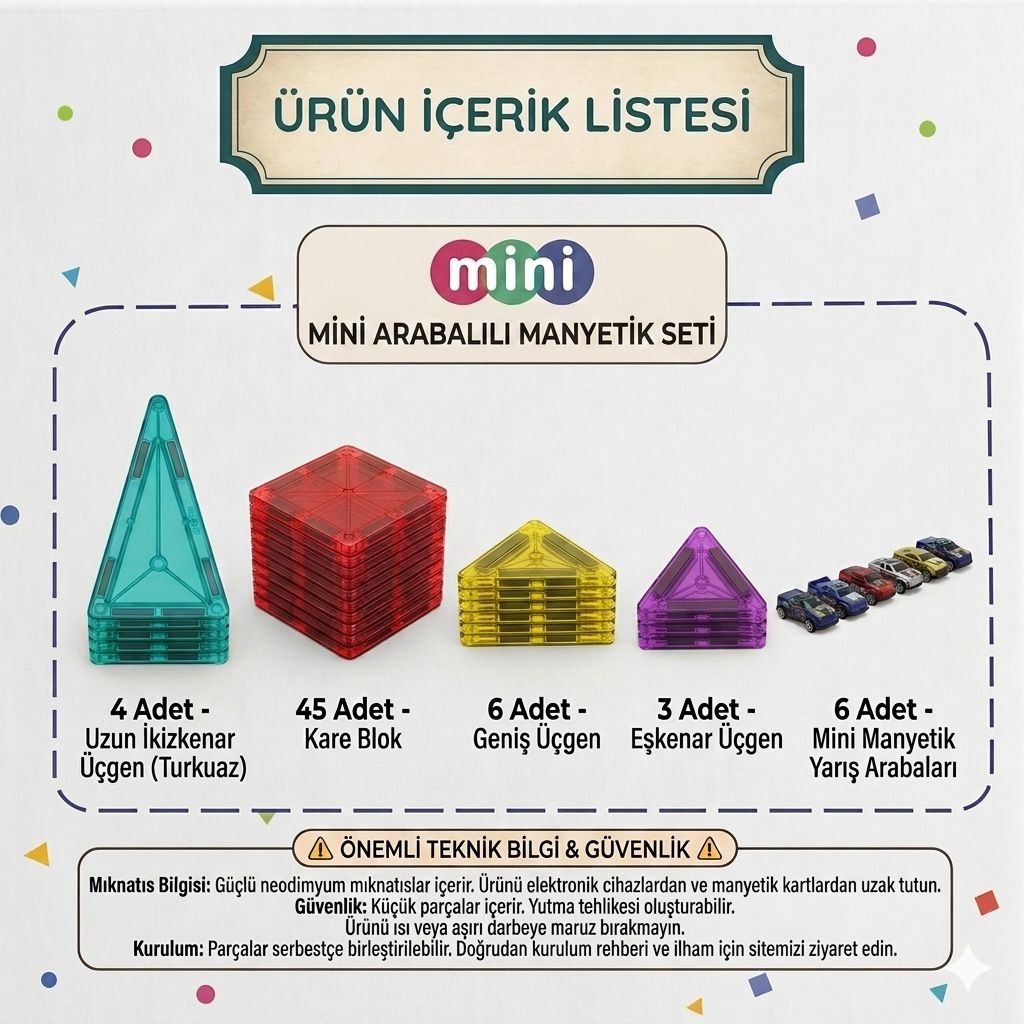 Babymiu 64 Parça Mini Arabalı Manyetik Yapı Blokları